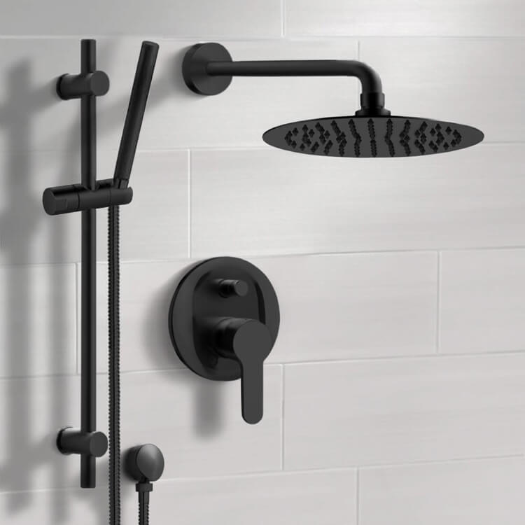 Matte Black Shower System With 12" Rain Shower Head and Hand Shower