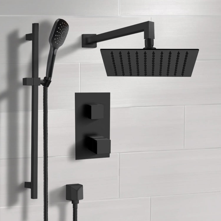 Matte Black Thermostatic Shower Set with 10" Rain Shower Head and Hand Shower