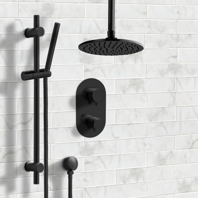 Matte Black Thermostatic Ceiling Shower System with 8" Rain Shower Head and Hand Shower