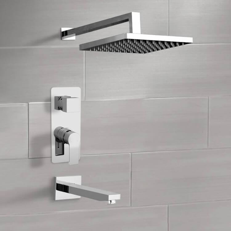 Chrome Tub and Shower Faucet Set With 12" Rain Shower Head