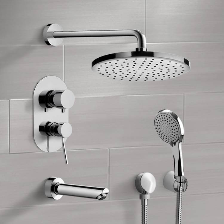 Chrome Tub and Shower Set with 12" Rain Shower Head and Hand Shower