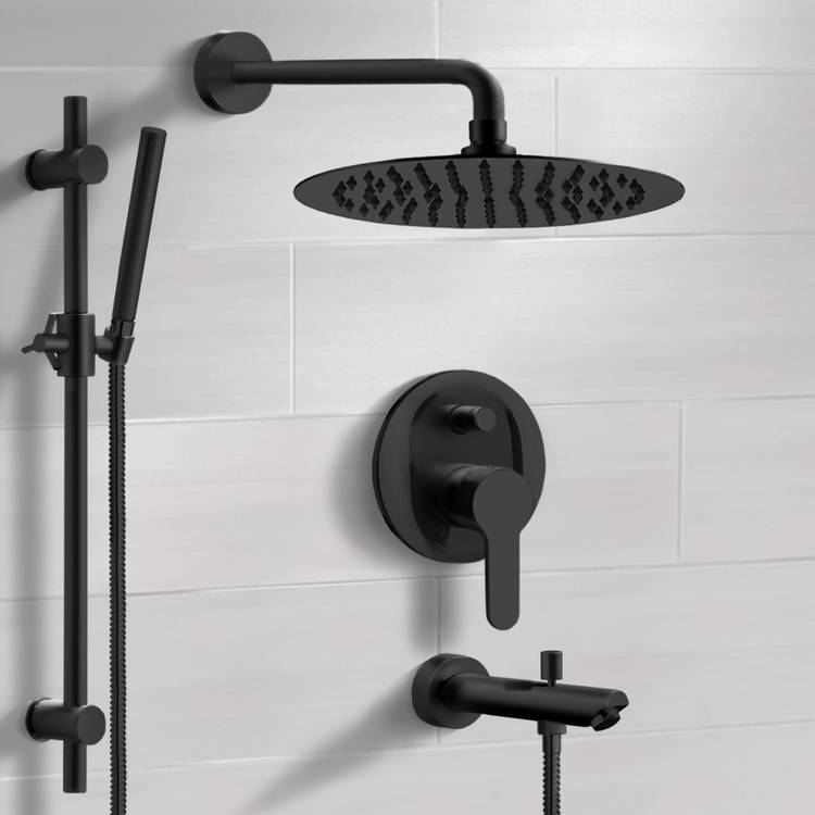 Matte Black Tub and Shower Faucet Set with 12" Rain Shower Head and Hand Shower