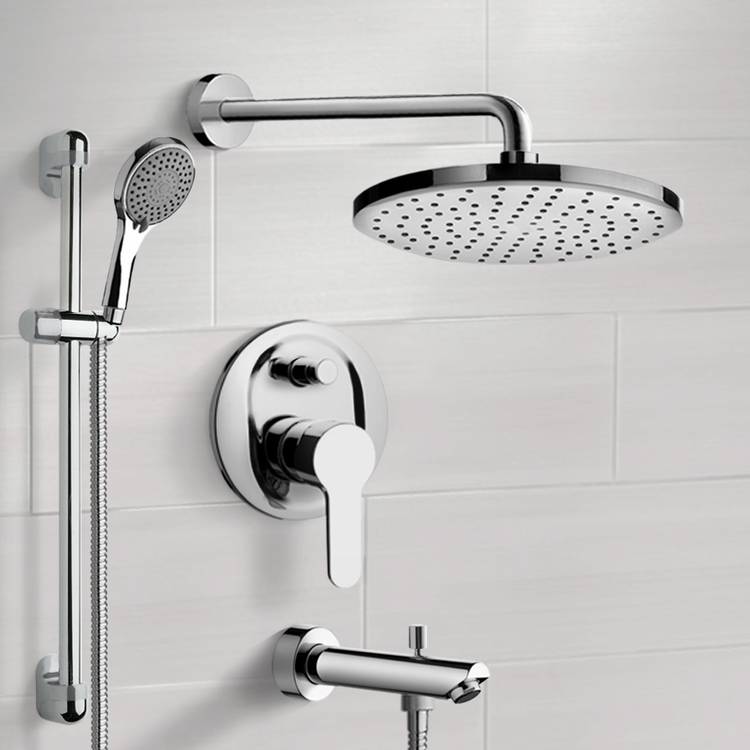 Chrome Tub and Shower Faucet Set With Rain Shower Head and Hand Shower