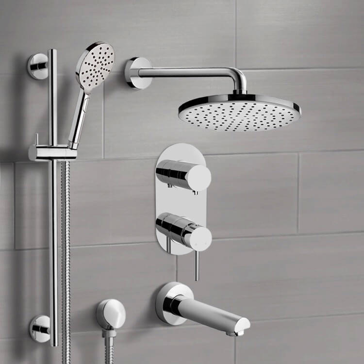 Chrome Tub and Shower Set With 12" Rain Shower Head and Hand Shower