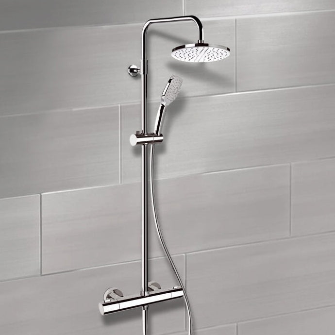 Chrome Thermostatic Exposed Pipe Shower System with 8" Rain Shower Head and Hand Shower