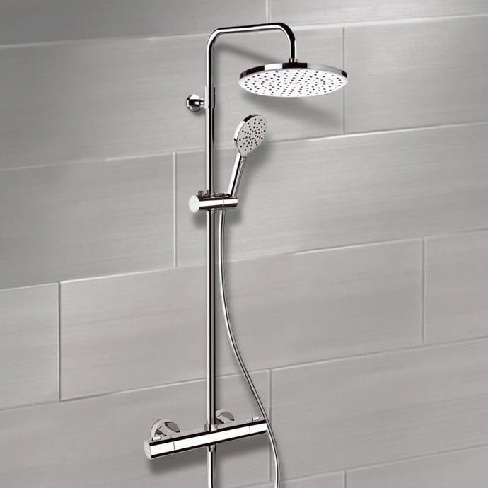 Chrome Thermostatic Exposed Pipe Shower System with 10" Rain Shower Head and Hand Shower