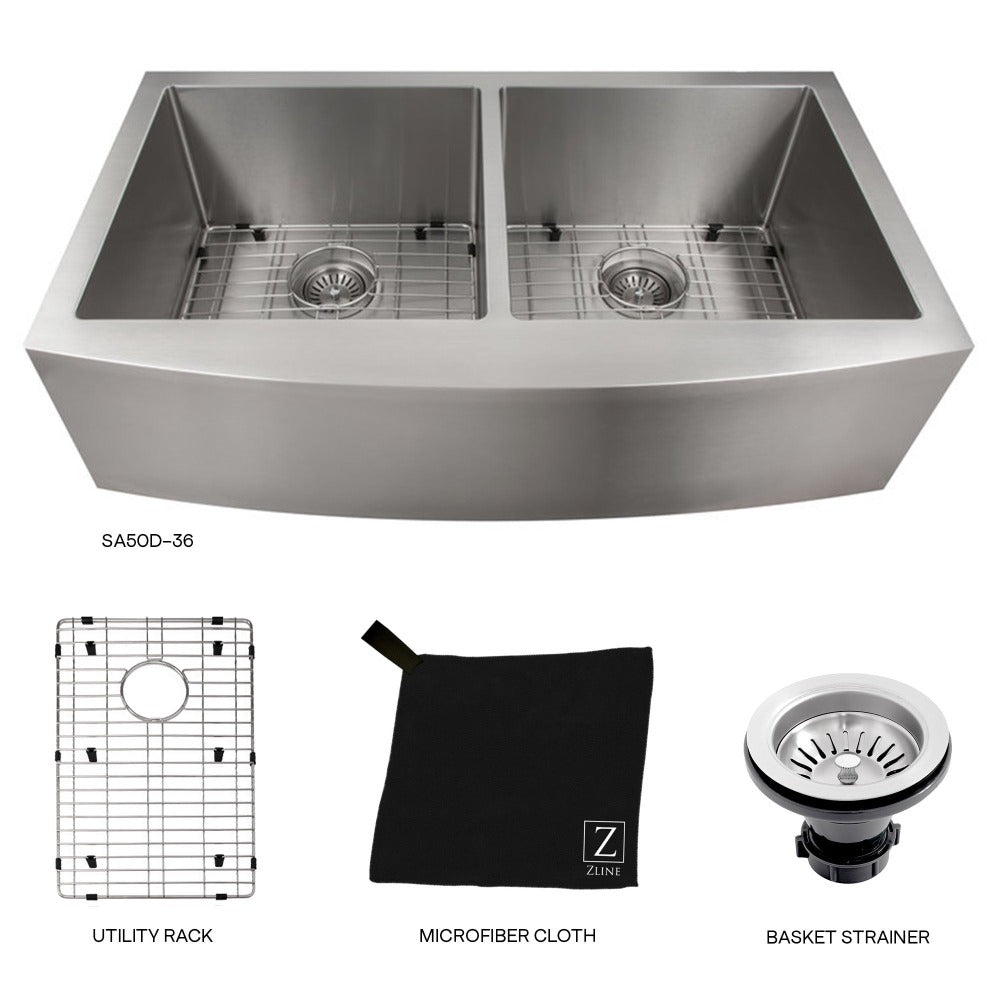 ZLINE Niseko 36 in. Farmhouse Apron Mount Double Bowl Stainless Steel Kitchen Sink with Bottom Grid (SA50D-36)