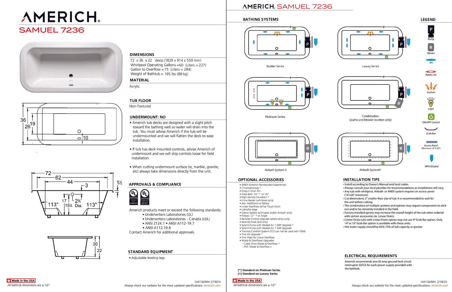 Americh SM7236TA5-BI Samuel 7236 - Tub Only / Airbath 5 - Biscuit