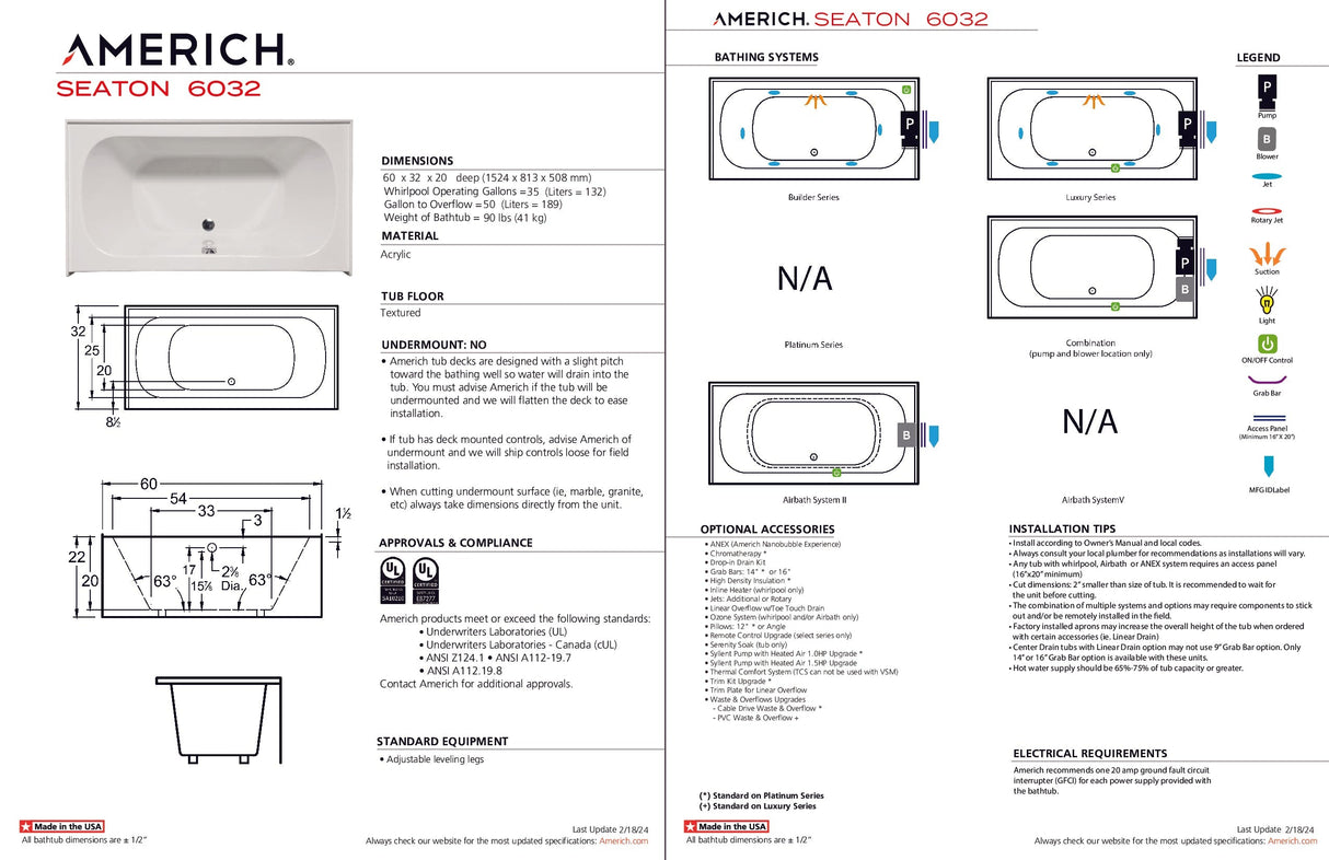 Americh SN6032TA5-BI Seaton 6032 - Tub Only / Airbath 5 - Biscuit