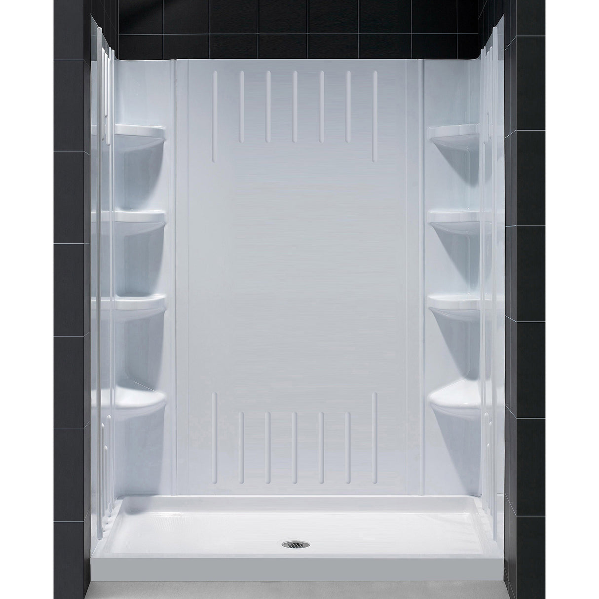 DreamLine 34 in. D x 60 in. W x 75 5/8 in. H Center Drain Acrylic Shower Base and QWALL-3 Wall Kit In White