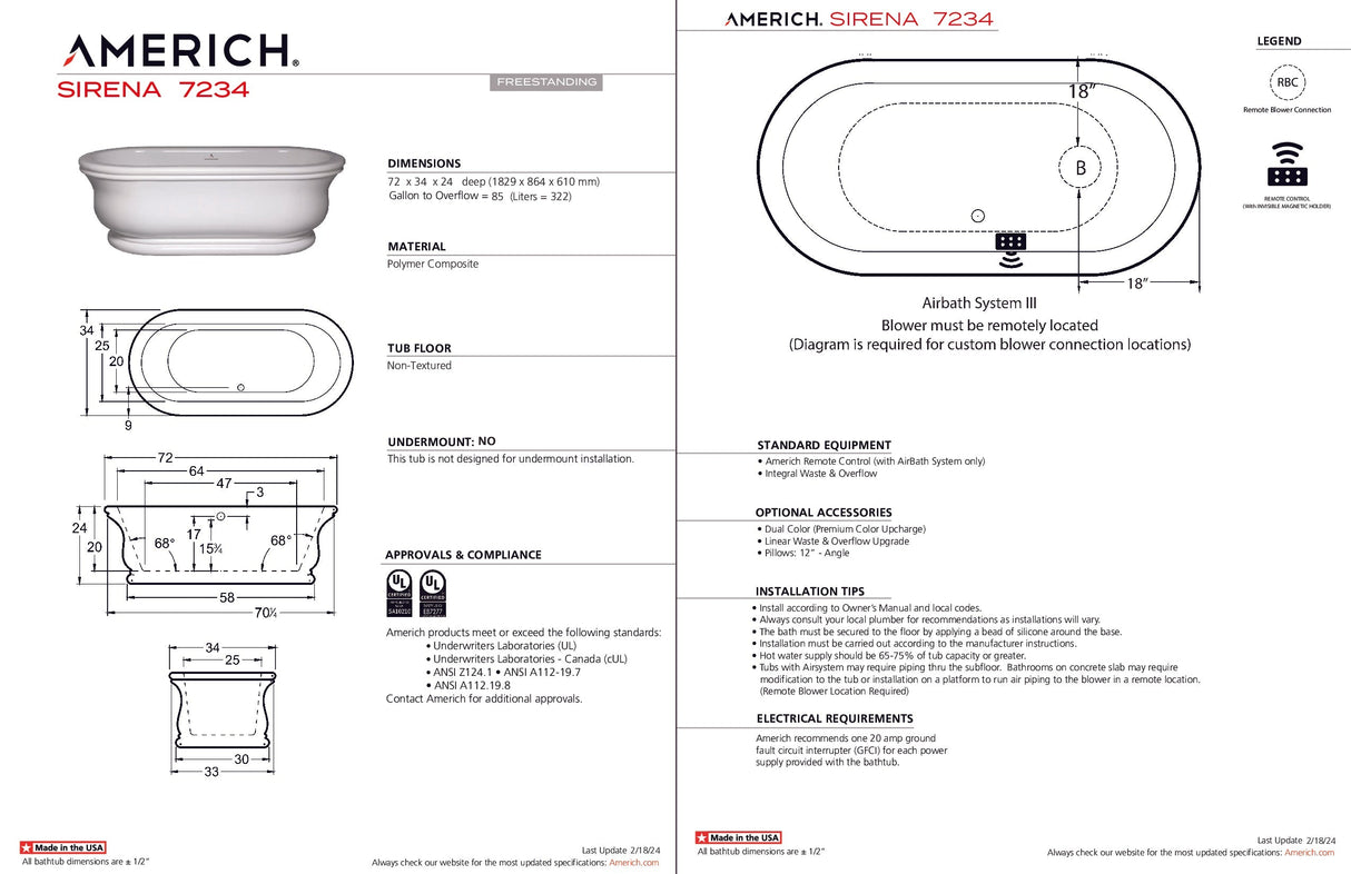 Americh SF7234T-WH Sirena 7234 - Tub Only - White