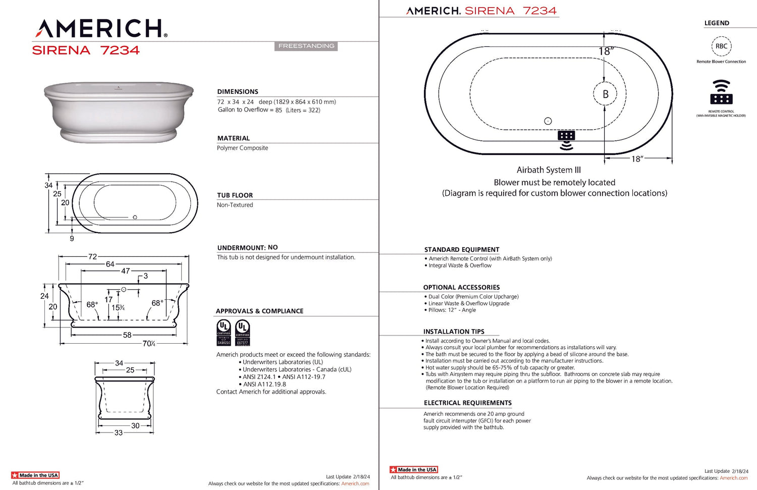 Americh SF7234T-WH Sirena 7234 - Tub Only - White