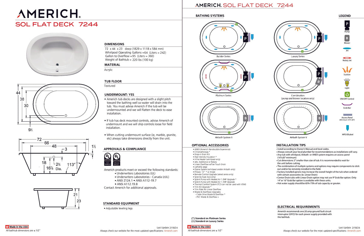 Americh SF7244TA5-BI Sol Flat Deck 7244 - Tub Only / Airbath 5 - Biscuit