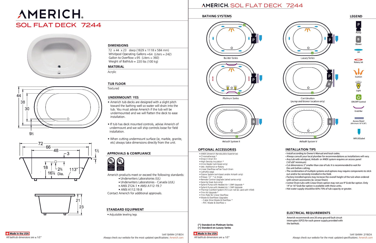 Americh SF7244TA5-BI Sol Flat Deck 7244 - Tub Only / Airbath 5 - Biscuit