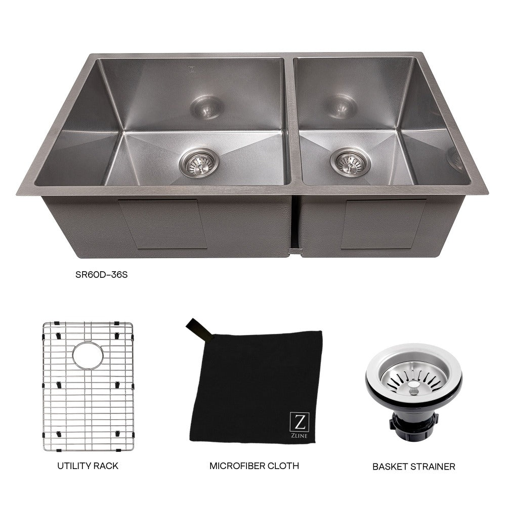 ZLINE Chamonix 36 in. Undermount Double Bowl Scratch Resistant Stainless Steel Kitchen Sink with Bottom Grid (SR60D-36S)
