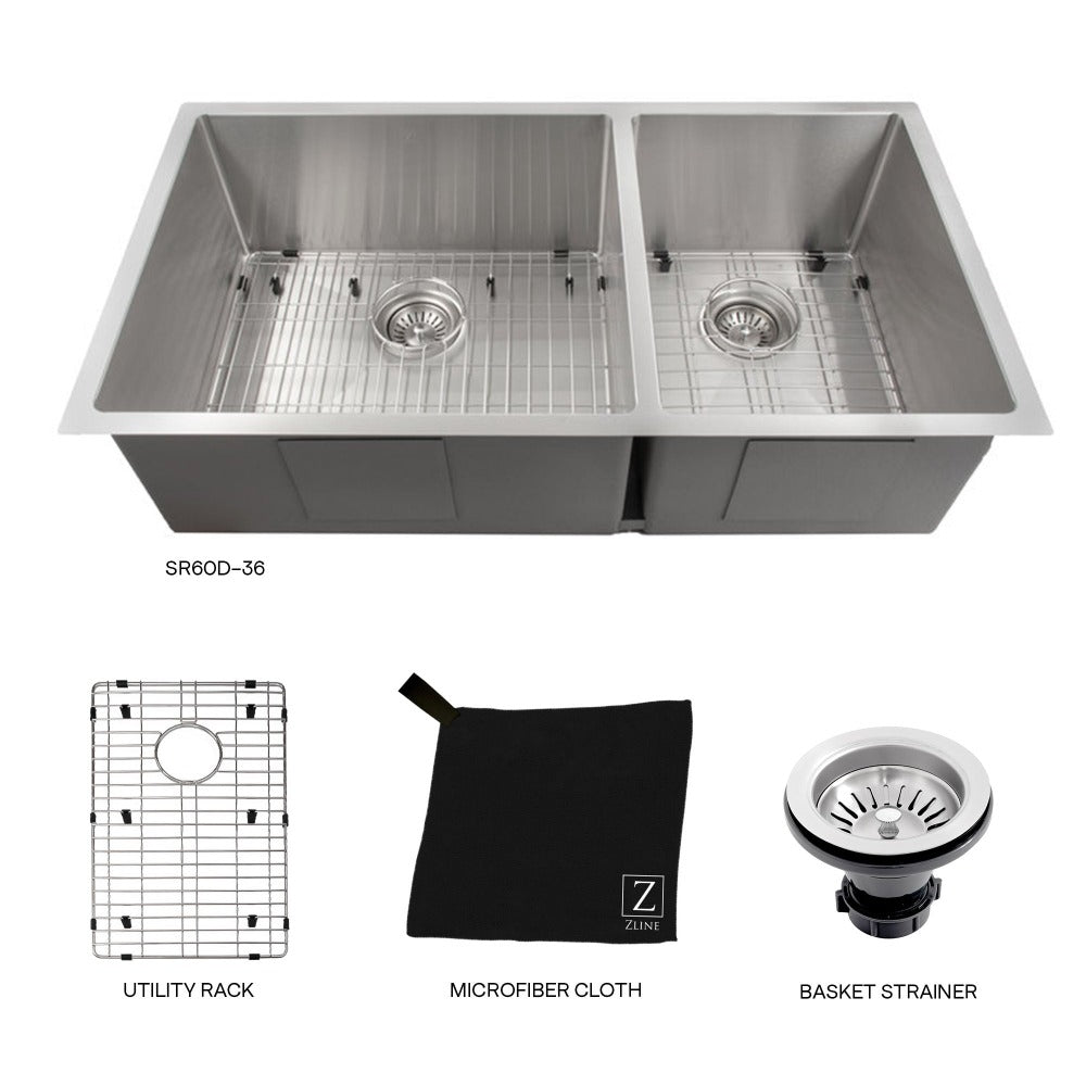 ZLINE Chamonix 36 in. Undermount Double Bowl Stainless Steel Kitchen Sink with Bottom Grid (SR60D-36)