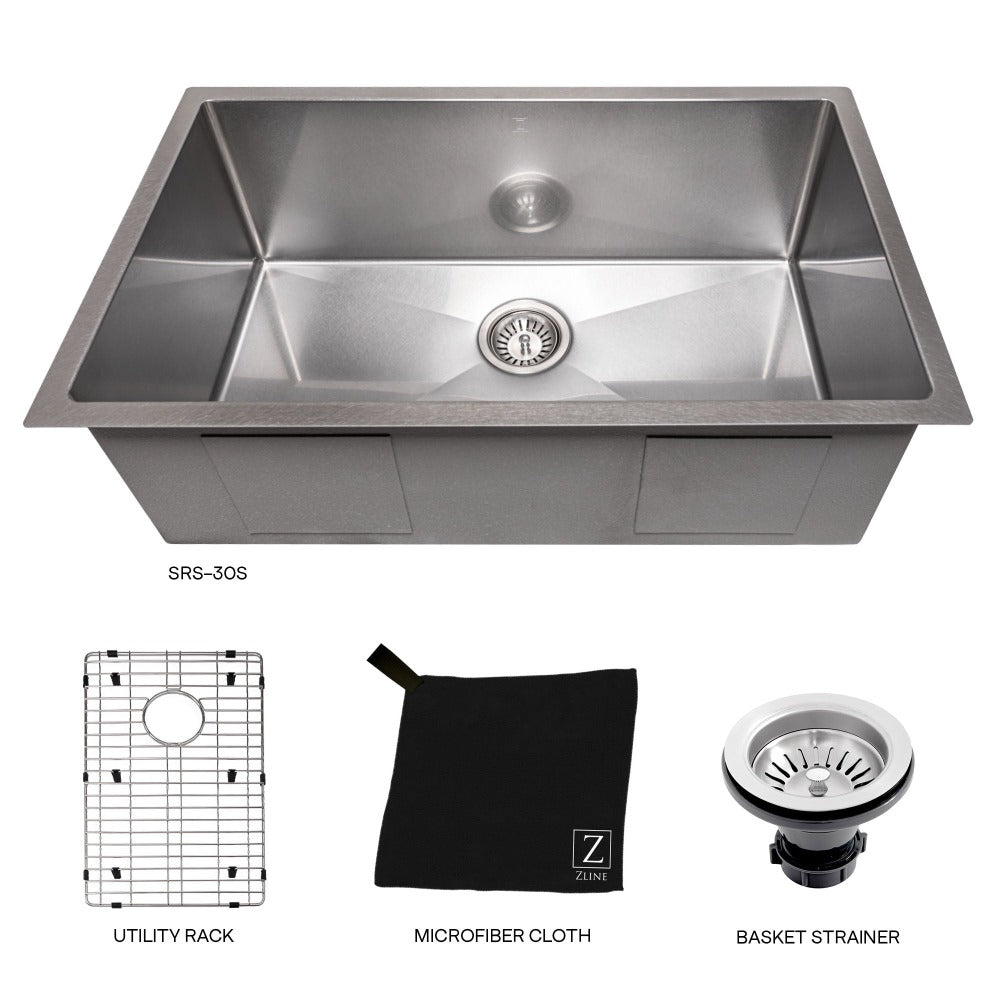 ZLINE Meribel 30 in. Undermount Single Bowl Scratch Resistant Stainless Steel Kitchen Sink with Bottom Grid (SRS-30S)