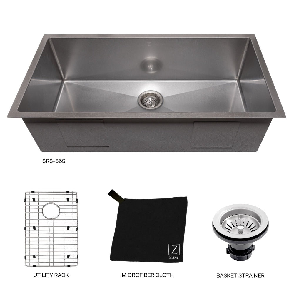 ZLINE Meribel 36 in. Undermount Single Bowl Scratch Resistant Stainless Steel Kitchen Sink with Bottom Grid (SRS-36S)