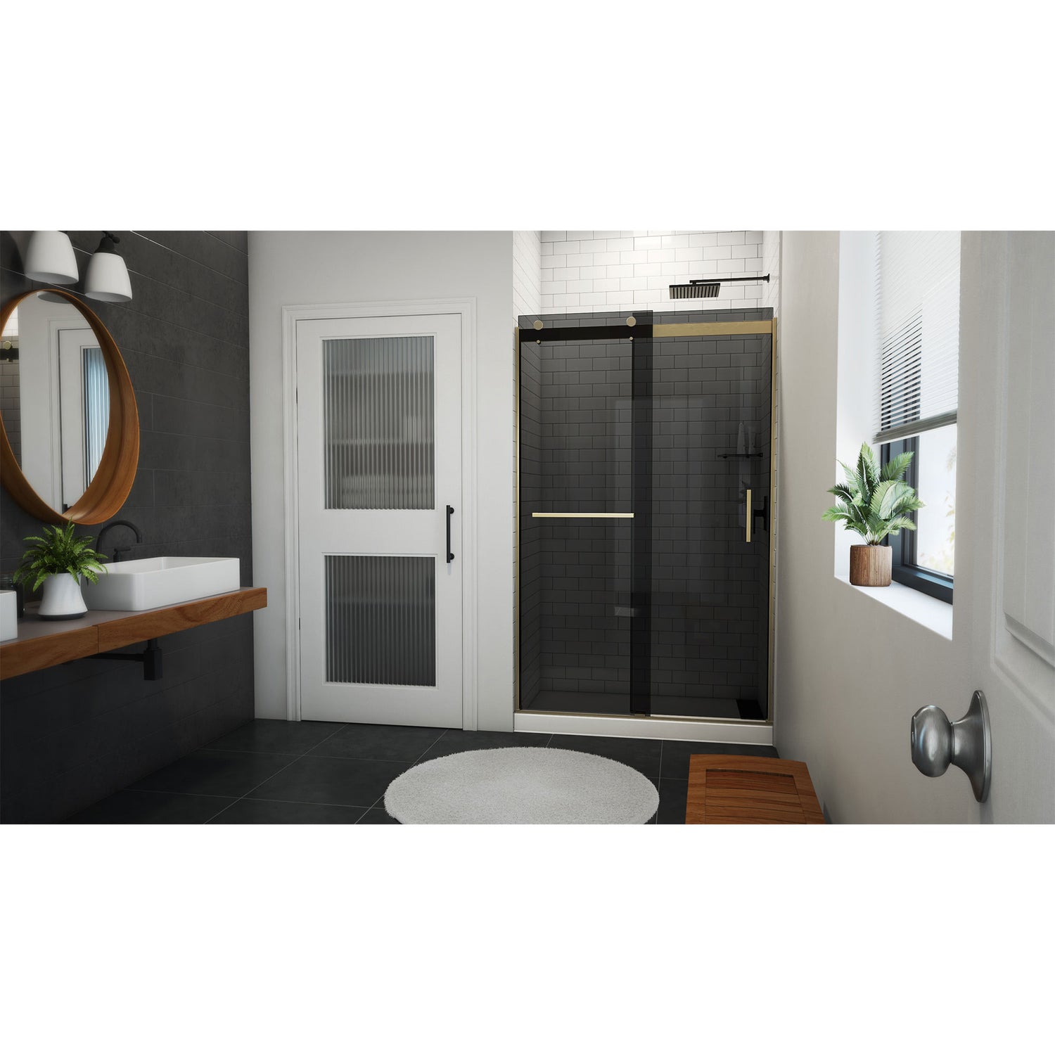 DreamLine Sapphire-V 44 - 48 in. W x 76 in. H Bypass Shower Door in Brushed Gold and Gray Glass