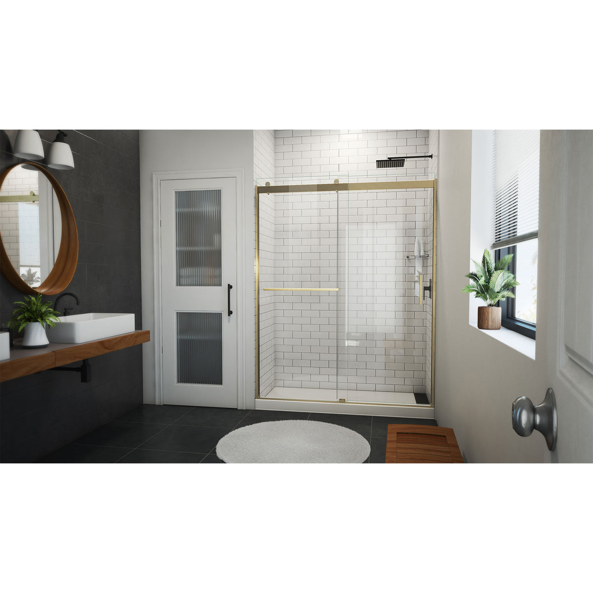DreamLine Sapphire-V 56 - 60 in. W x 76 in. H Bypass Shower Door in Brushed Gold and Clear Glass