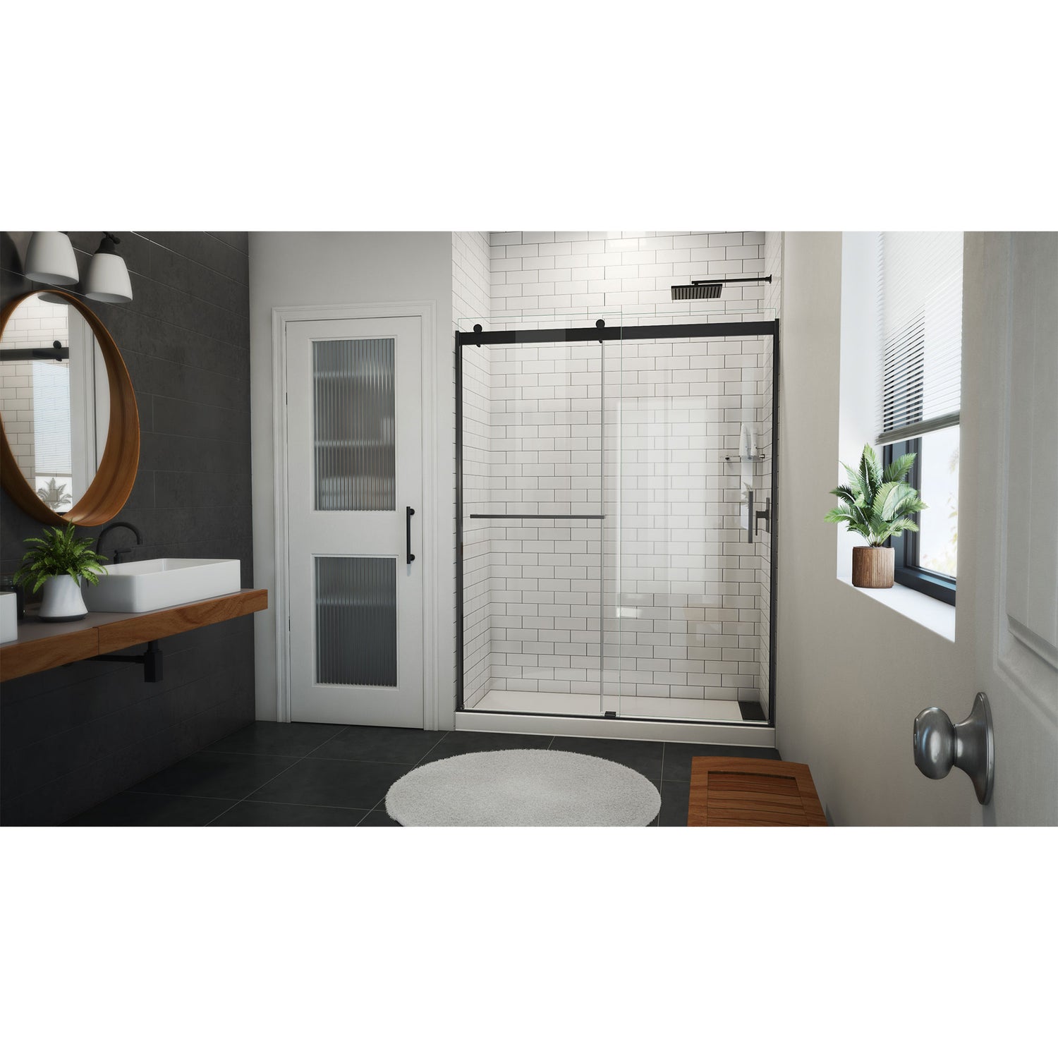 DreamLine Sapphire-V 56 - 60 in. W x 76 in. H Bypass Shower Door in Satin Black and Clear Glass