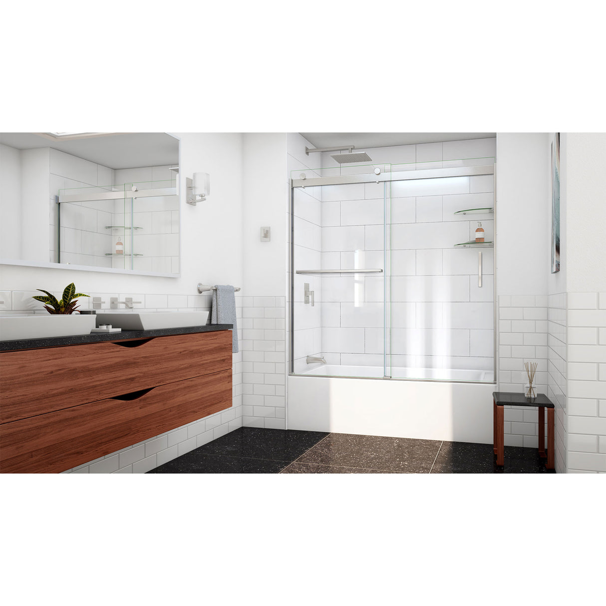 DreamLine Sapphire-V 56 - 60 in. W x 62 in. H Bypass Tub Door in Brushed Nickel and Clear Glass