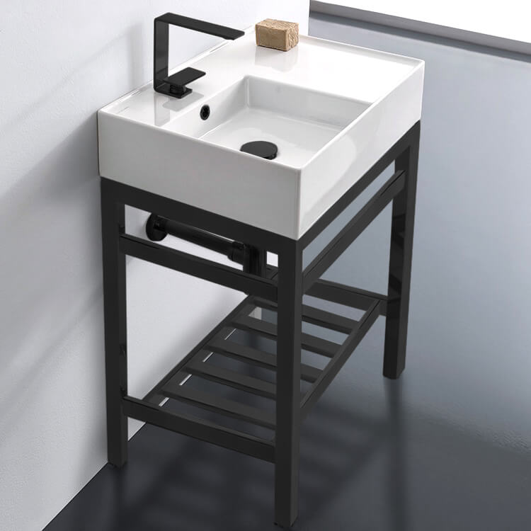 Modern Ceramic Console Sink With Counter Space and Matte Black Base, 24"