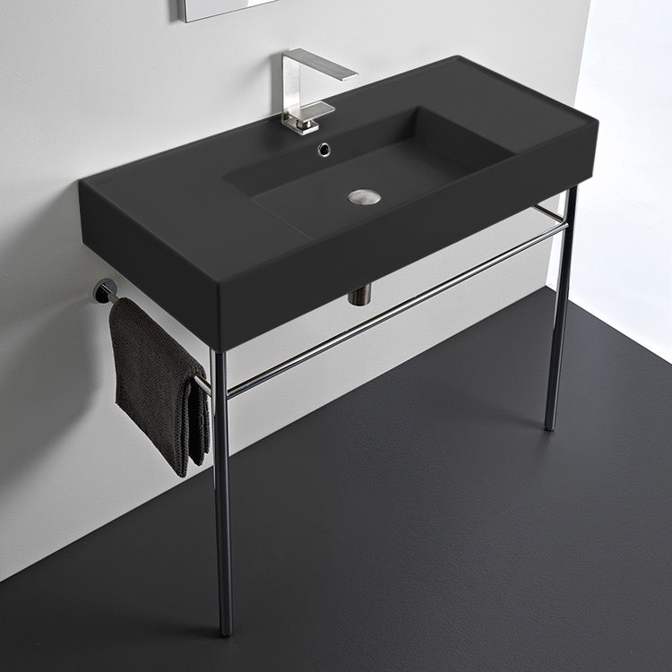 Matte Black Ceramic Console Sink and Polished Chrome Stand, 40"