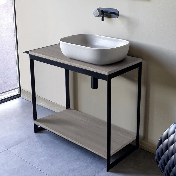 Console Sink Vanity With Ceramic Vessel Sink and Grey Oak Shelf, 35"