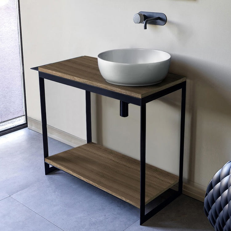 Console Sink Vanity With Ceramic Vessel Sink and Natural Brown Oak Shelf, 35"