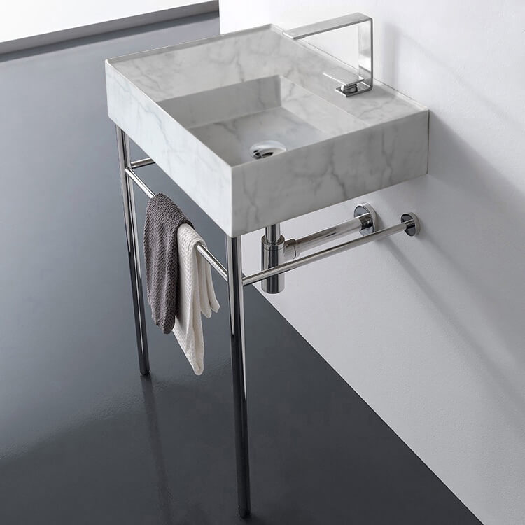 Marble Design Ceramic Console Sink and Polished Chrome Stand, 24"
