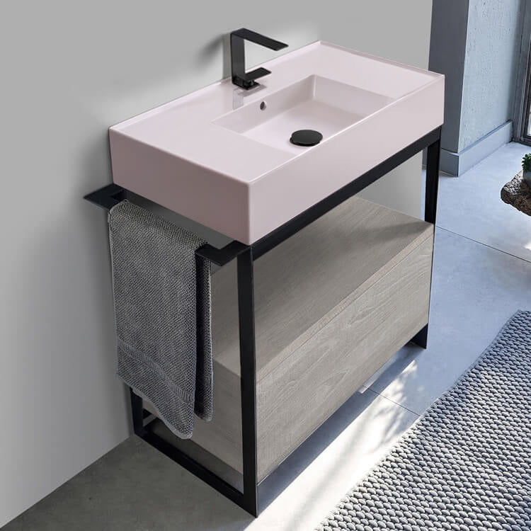 Pink Sink Bathroom Vanity, Floor Standing, Modern, Grey Oak, 35"