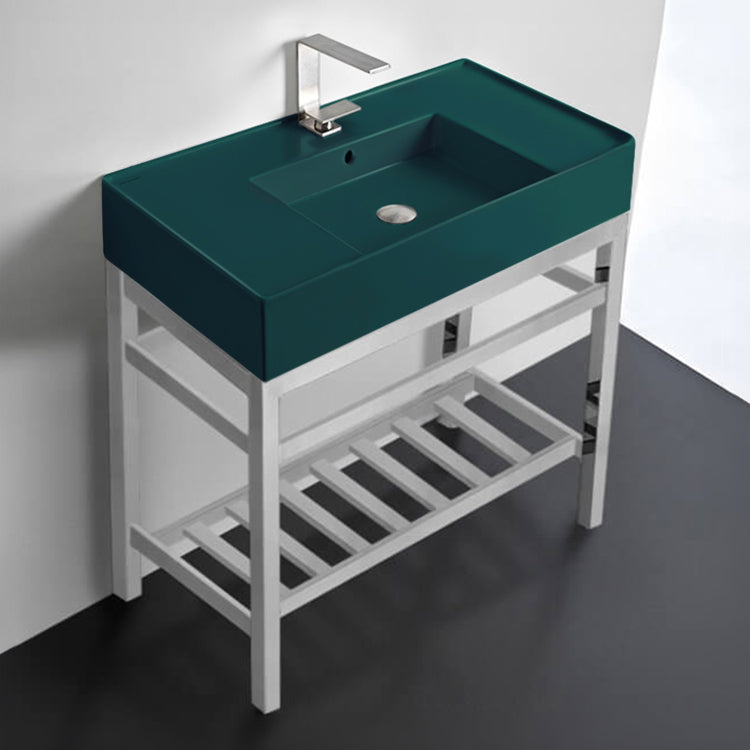 Green Console Sink With Chrome Base, Modern, 32"