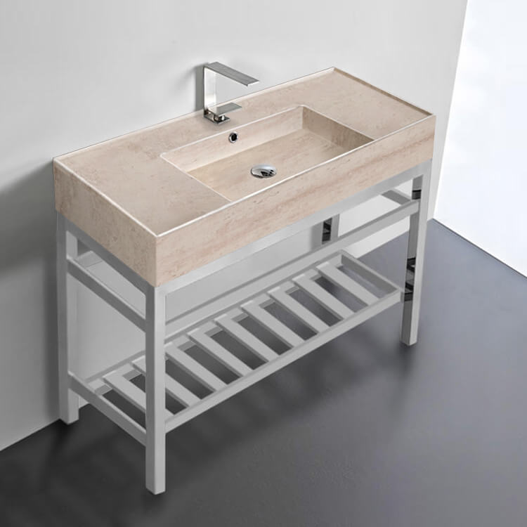 Modern Beige Travertine Design Ceramic Console Sink and Polished Chrome Base, 40"