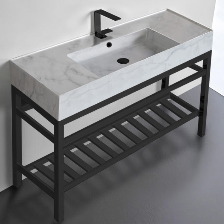 Modern Marble Design Ceramic Console Sink and Matte Black Base, 48"