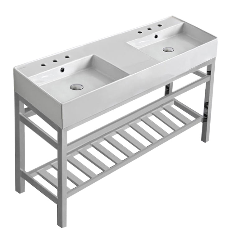 Double Ceramic Console Sink and Polished Chrome Base, 48"