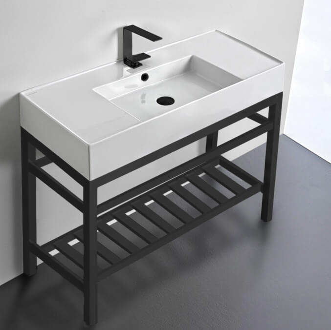 Modern Ceramic Console Sink With Counter Space and Matte Black Base, 40"
