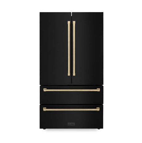 ZLINE 36 in. Autograph Edition French Door Refrigerator with Ice Maker in Black Stainless Steel with Champagne Bronze Accents front.
