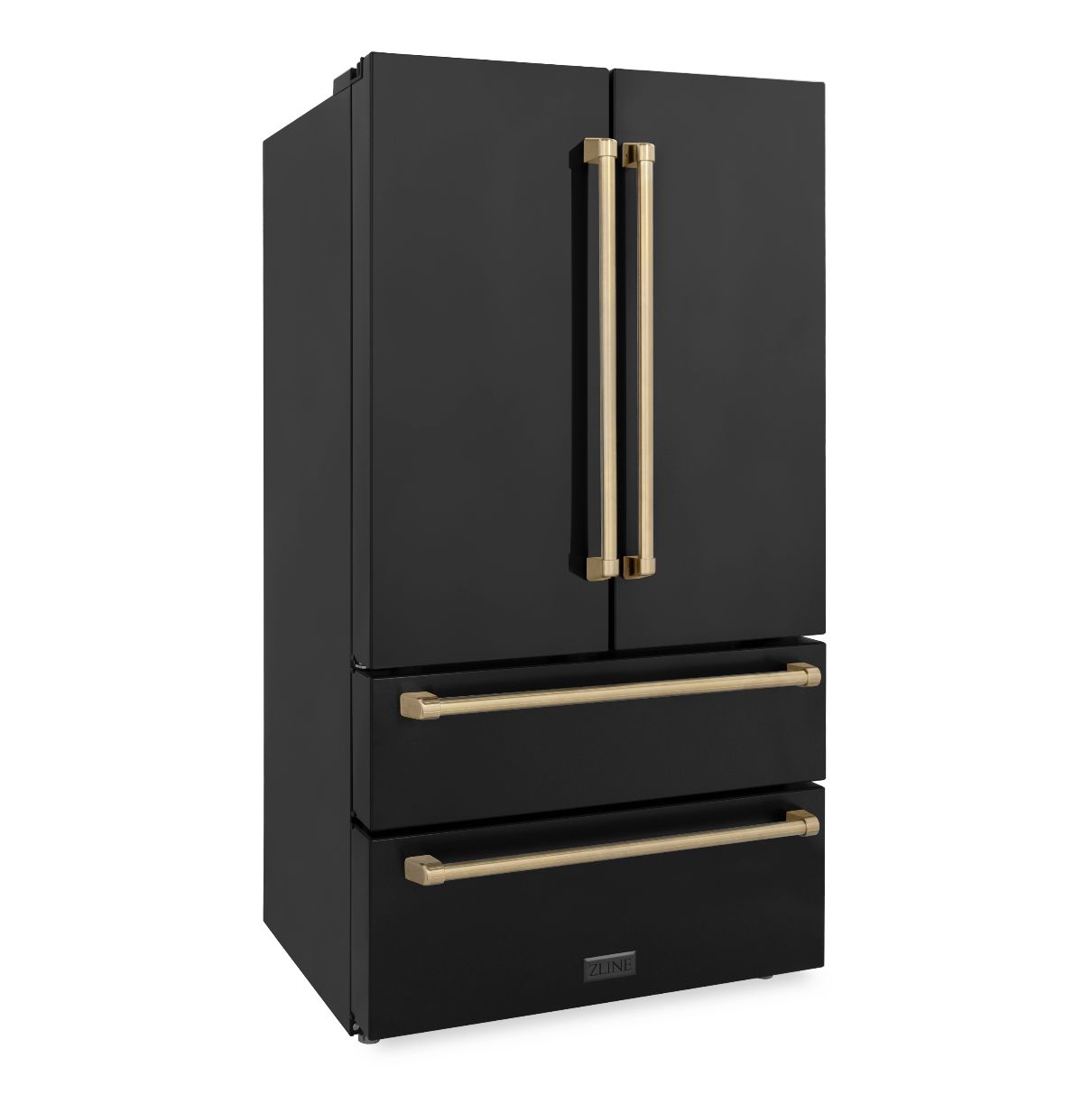 ZLINE Autograph Edition 36 in. 22.5 cu. ft Freestanding French Door Refrigerator with Ice Maker in Fingerprint Resistant Black Stainless Steel with Champagne Bronze Accents (RFMZ-36-BS-CB)