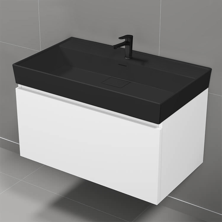 Modern Bathroom Vanity With Black Sink, Wall Mount, 32", Glossy White
