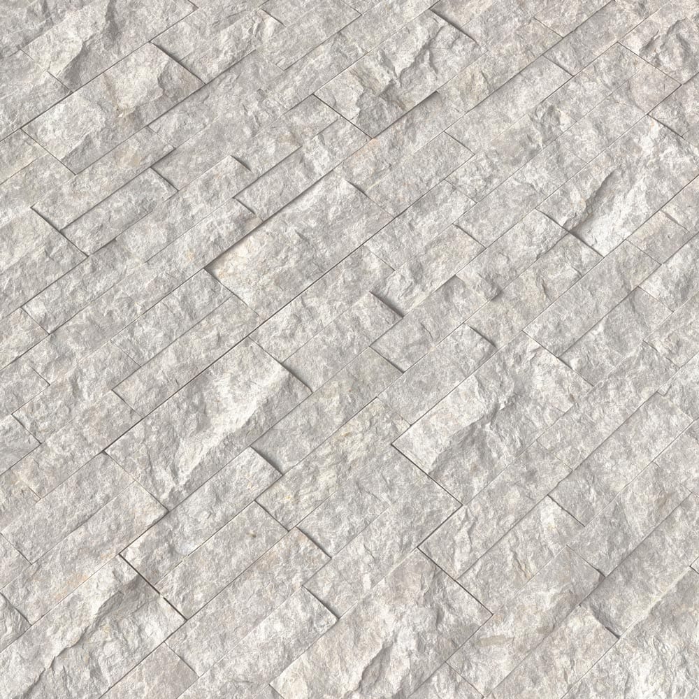 Silver canyon splitface ledger panel 6X24 natural marble wall tile LPNLMSILCAN624 product shot multiple tiles angle view