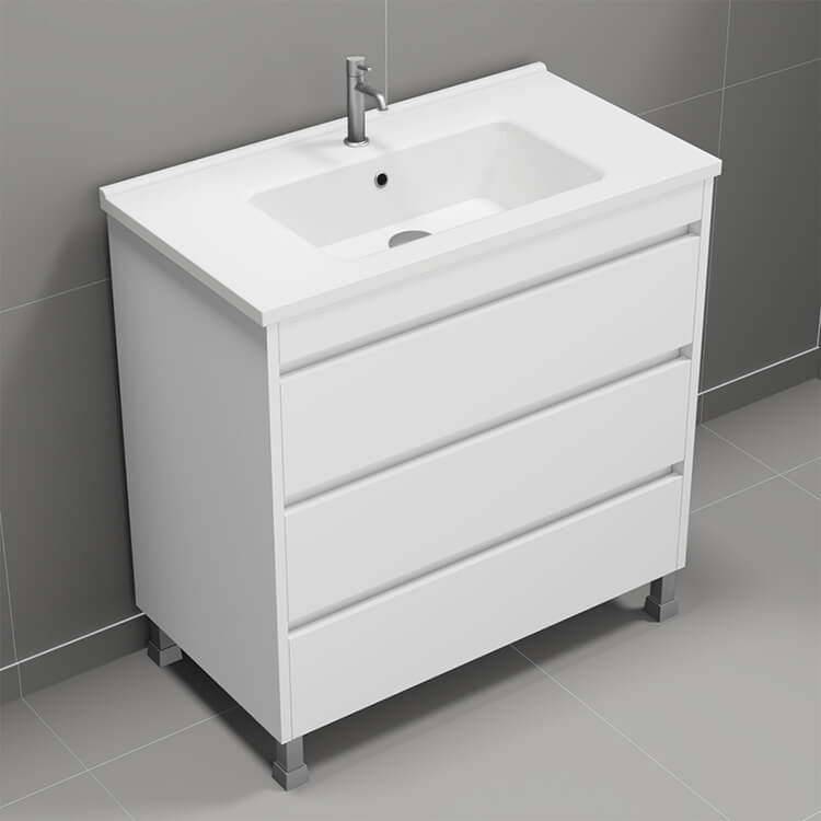 Floor Standing Bathroom Vanity, Modern, 34", Glossy White