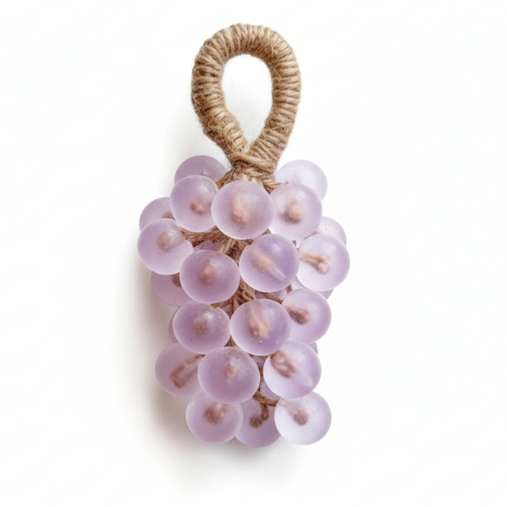 SOAP on a Rope! Grape Soap Vine - Decorative item resembling a cluster of grapes with a woven handle on a white background