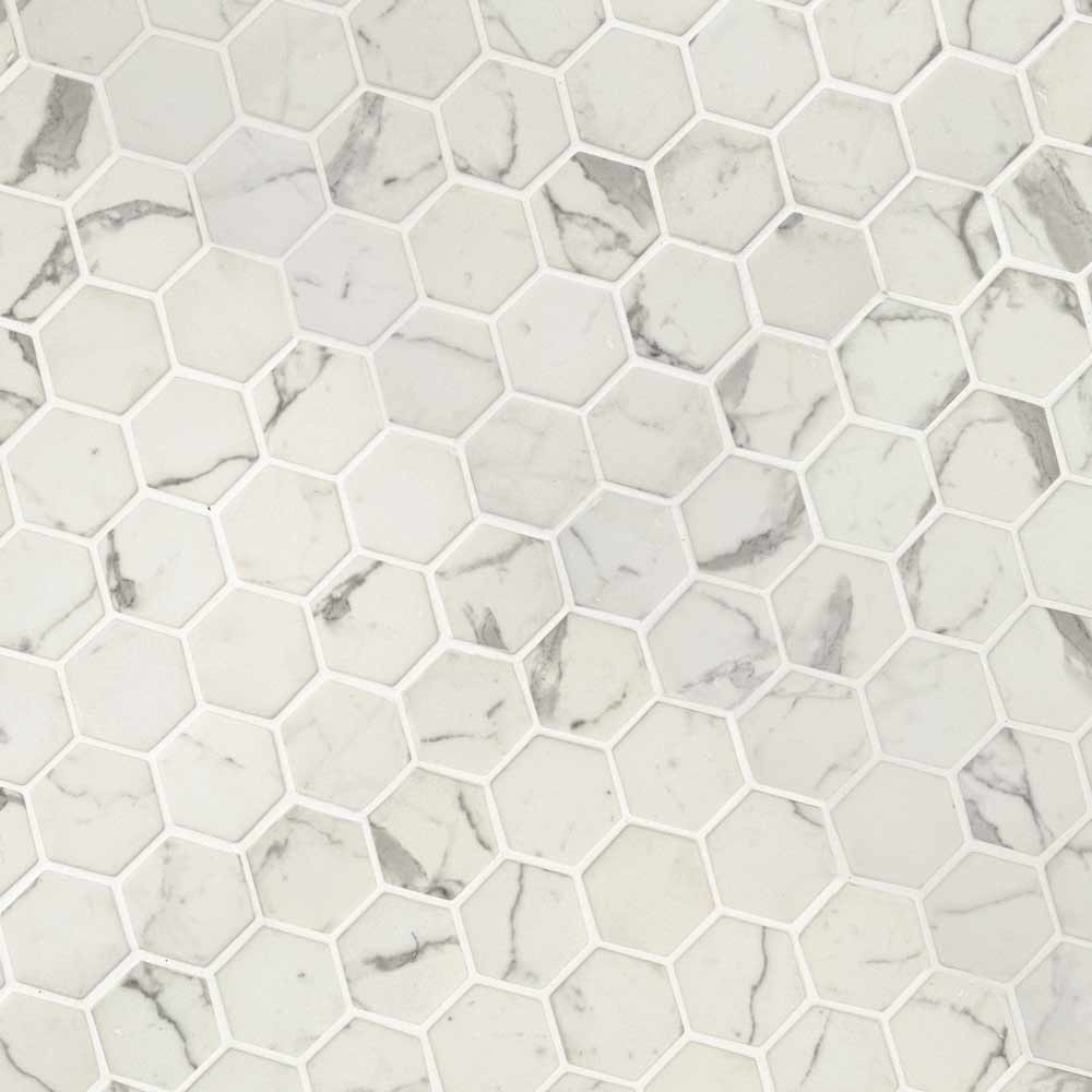 Statuario celano hexagon 11.02X12.75 glass mesh mounted mosaic tile SMOT GLS STACEL6MM product shot multiple tiles angle view