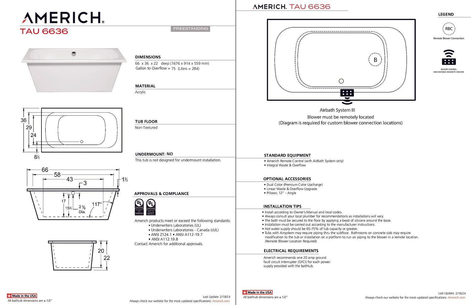Americh TA6636T-WH Tau 6636 - Tub Only - White