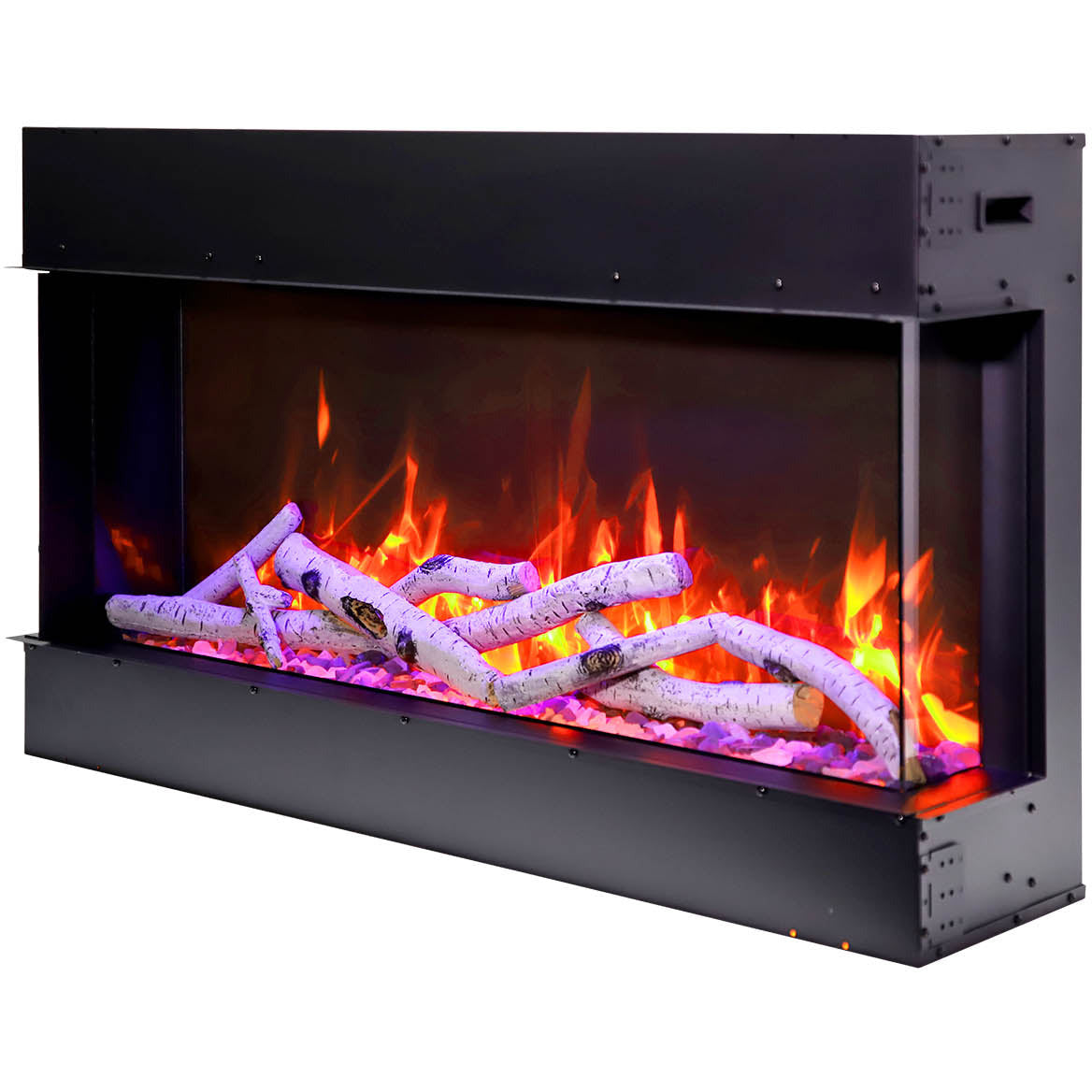 Amantii 60-TRV-SLIM Trv View Slim Smart Electric - 60" Indoor / Outdoor WiFi Enabled 3 Sided Fireplace Featuring a depth of 10 5/8", MultiFunction Remote Control, Multi Speed Flame Motor, and a 10 piece Birch Log Set