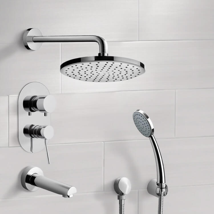 Chrome Tub and Shower System with 8" Rain Shower Head and Hand Shower