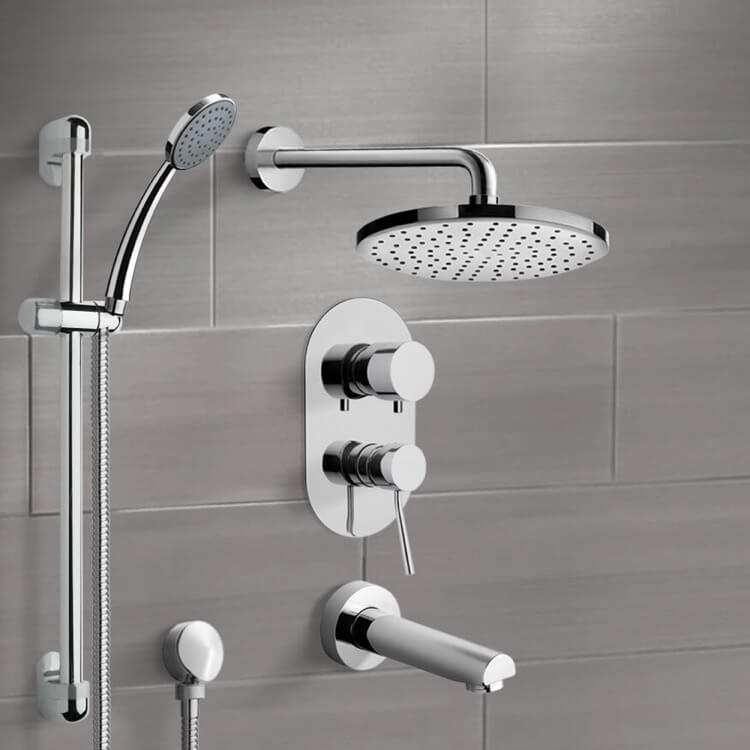 Chrome Tub and Shower System with 8" Rain Shower Head and Hand Shower
