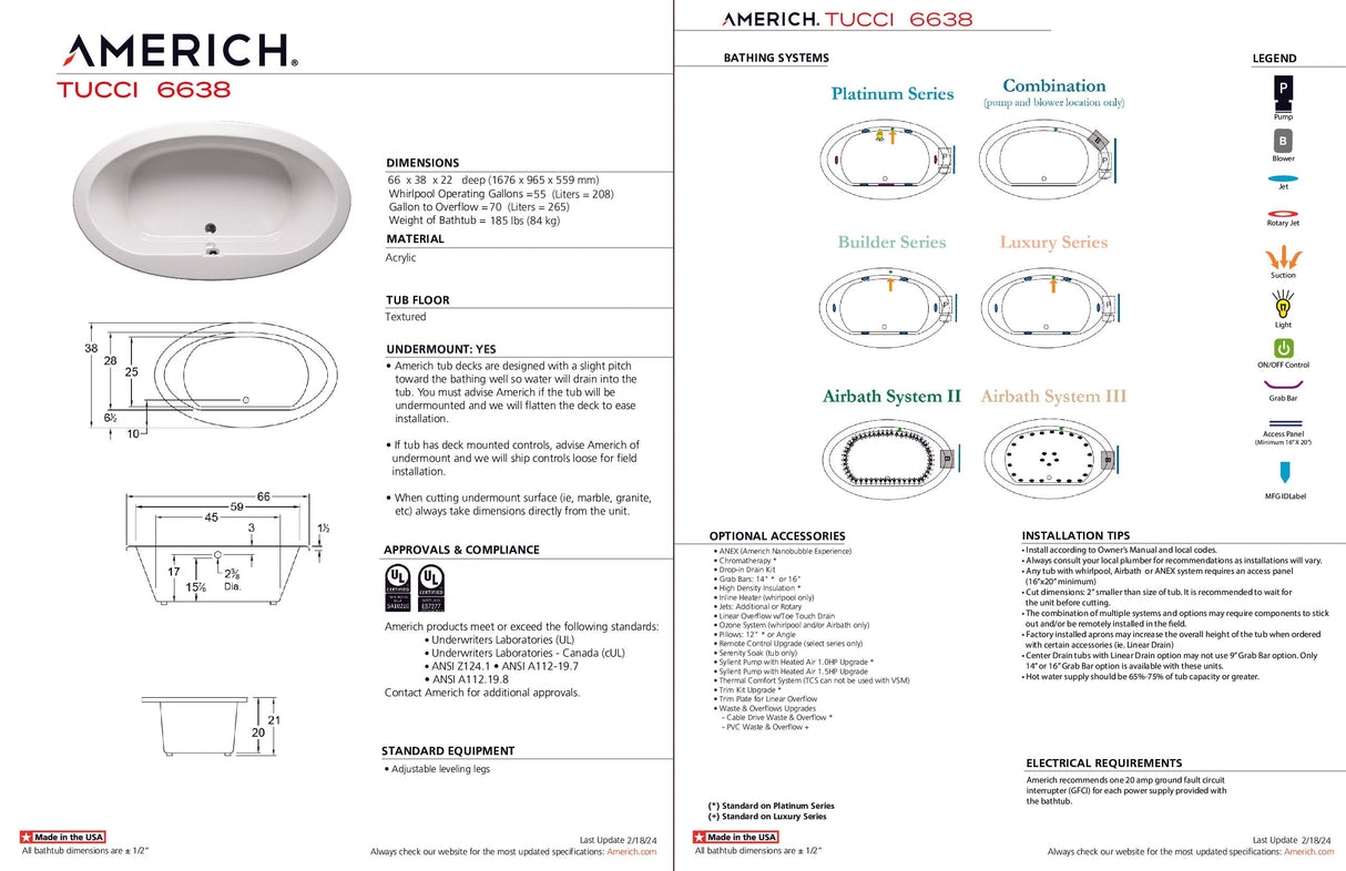 Americh TU6638TA2-WH Tucci 6638 - Tub Only / Airbath 2 - White