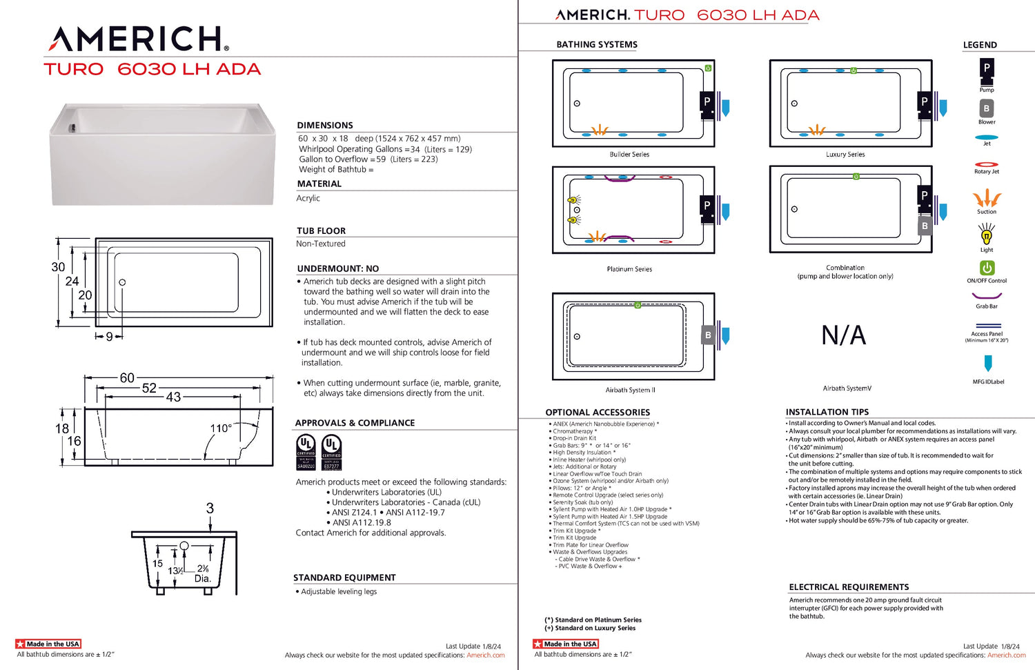 Americh TO6030ADATLA5WH Turo 6030 ADA Left Hand - Tub Only / Airbath 5 - White